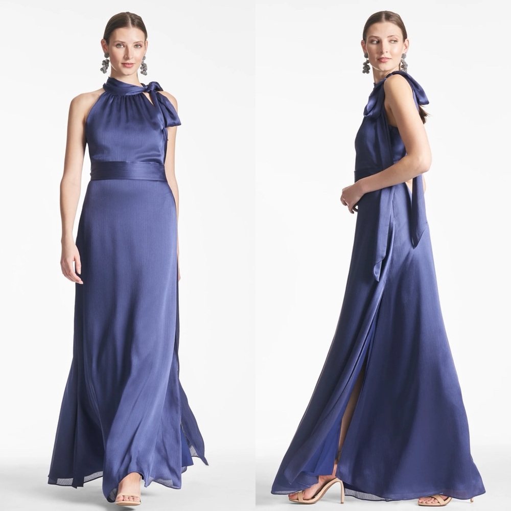 NWT Sachin and Babi Kayla Gown Tie Neck Maxi Crinkle Dress Deep Cobalt 10